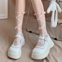 White tights, autumn thin sexy belt with bow, cute knee socks, Lolita style