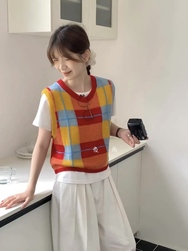 原创设计！韩版复古彩色格纹针织马甲背心女宽松百搭通勤时尚休闲|undefined