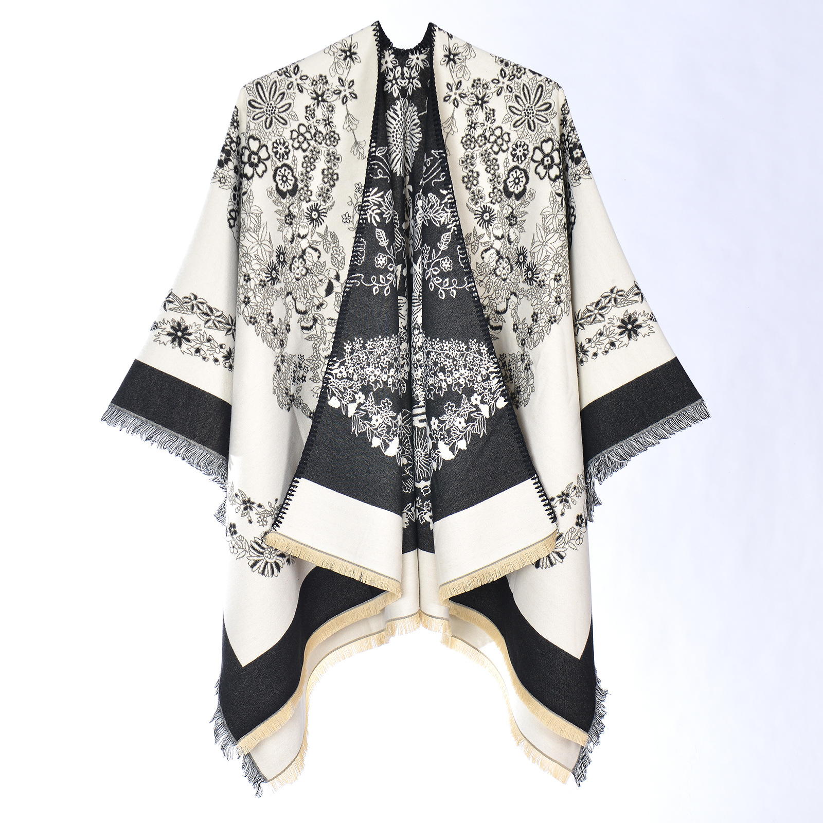 Spring and Autumn 2026 New Style Chain Flower Pattern Split Scarf European and American Style Faux Cashmere Warm Versatile Stylish Shawl Cape