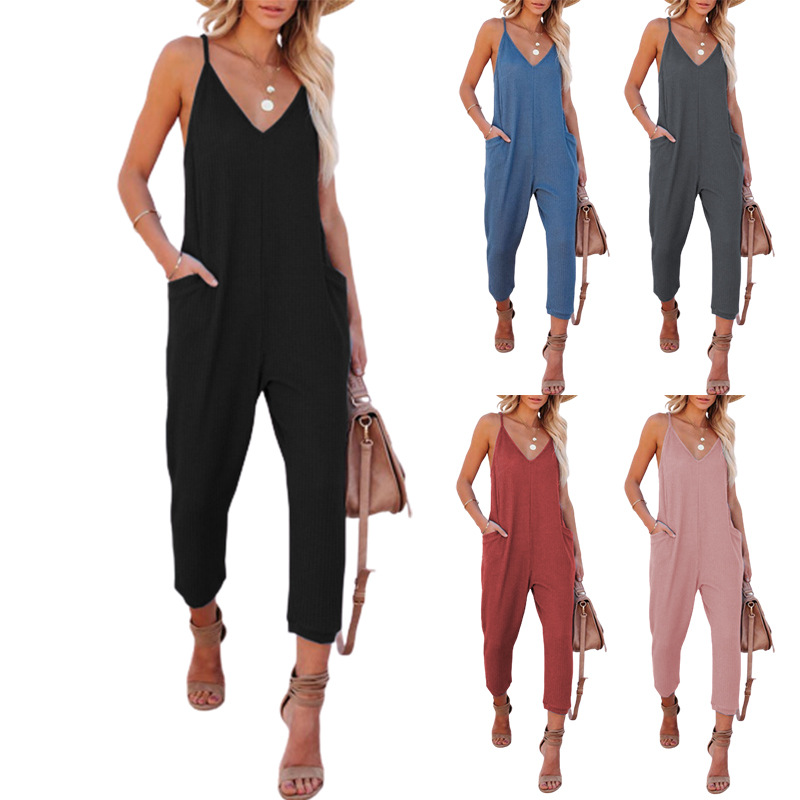 2024 European and American Amazon Summer Solid Color Waffle Casual Fashion Solid Color V Neck Suspender Pocket Jumpsuit for Women