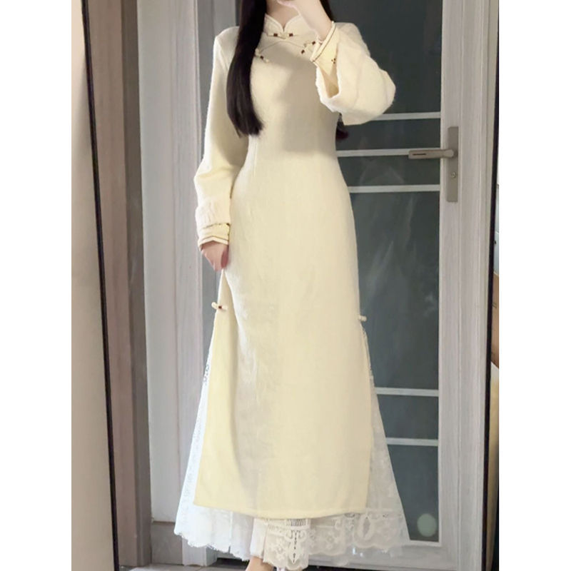 中国风加绒加厚改良旗袍少女年轻款秋冬装优雅气质保暖连衣裙日常|undefined
