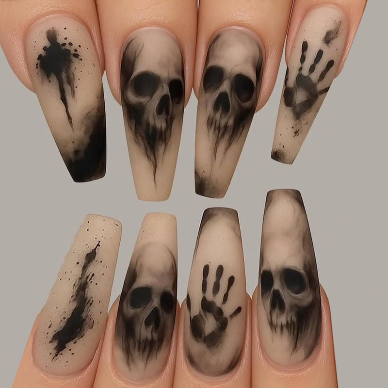 Wm-489 Ink Black Long t Matte Nails Halloween Horror Black Skull 24-Piece Wearable Nail Tips Wholesale Wm-489 Ink Black Long t Matte Nails Halloween Horror Black Skull 24-Piece Wearable Nail Tips Wholesale