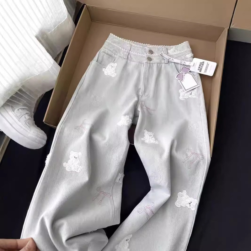 Lace Double Waist Buttons Cute Bear Embroidered Straight Jeans Women's Sweet Girl Small Loose Slimming Trousers