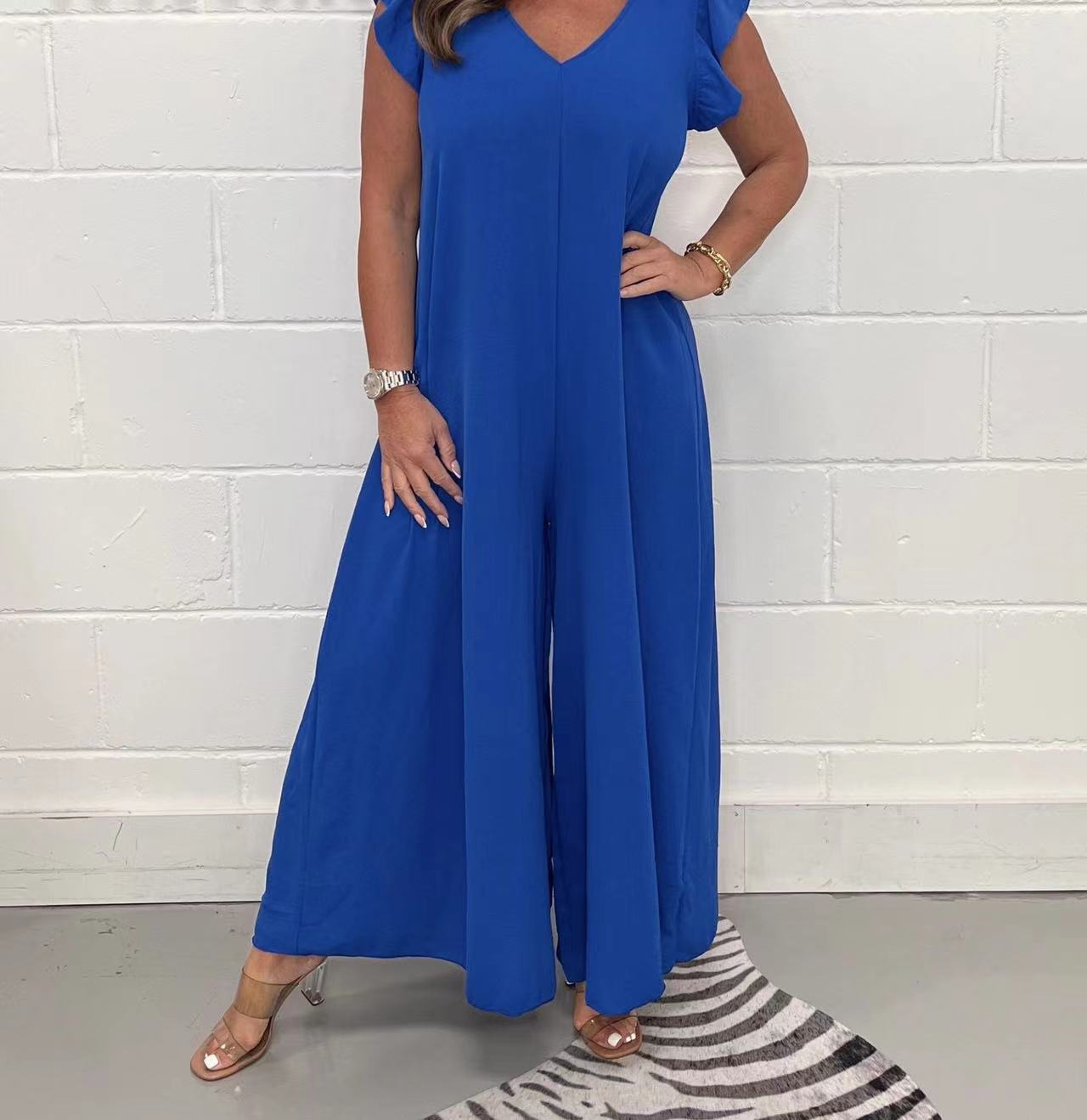 2023 verano nuevo Amazon Europa y América de las mujeres sueltas pantalones con volantes color sólido pierna ancha mono