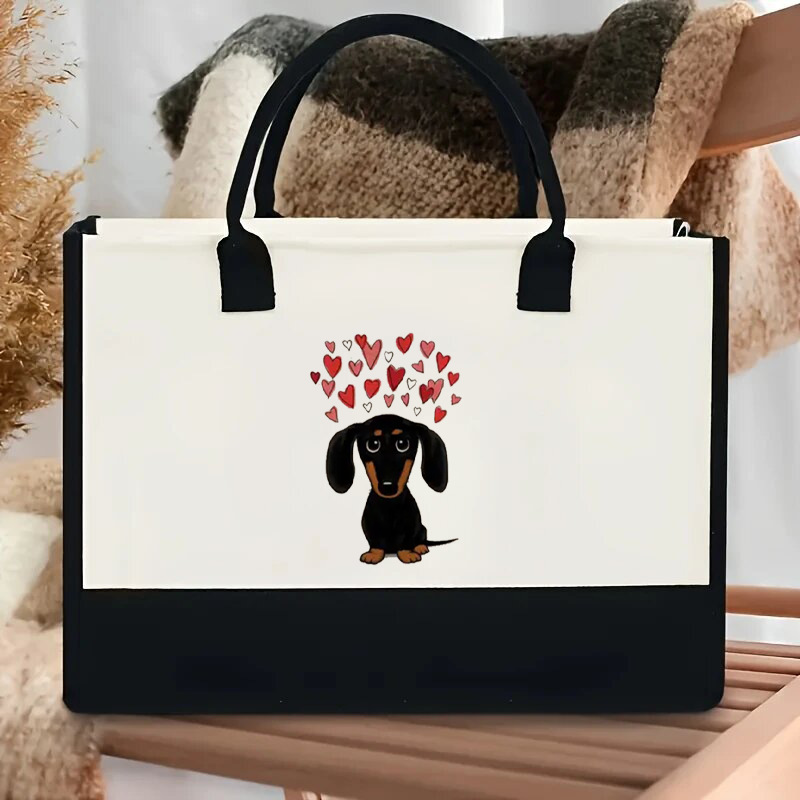 Bolso Tote estampado con estampado de patrón de cachorro de amor transfronterizo de color en contraste Bolso de hombro doble en blanco y negro de gran capacidad Texto de alta gama
