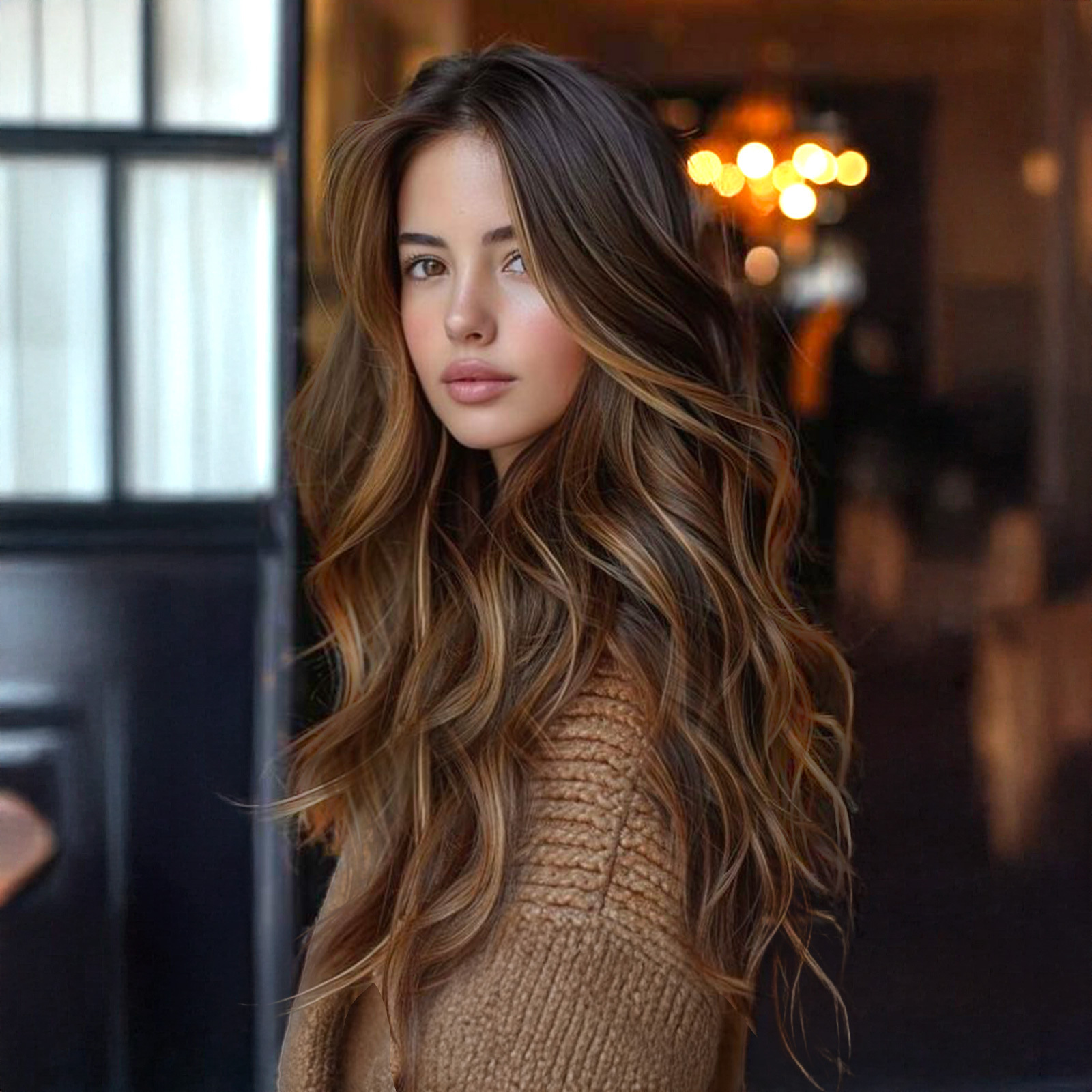 Nueva peluca de mujer de estilo europeo y americano a la moda con reflejos colgantes en la oreja, pelo largo y rizado de parte media marrón oscuro, tocado completo, stock listo para fábrica