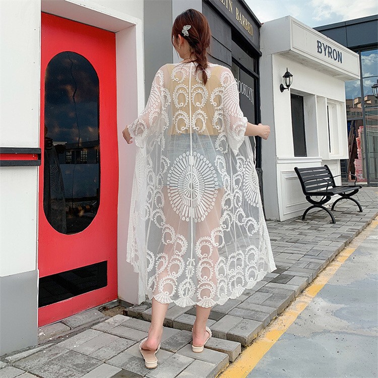 Lace Thin Mesh Cardigan European and American Sexy Mesh Beach Blouse Bikini Outer Skirt Long Sun Protection Clothing
