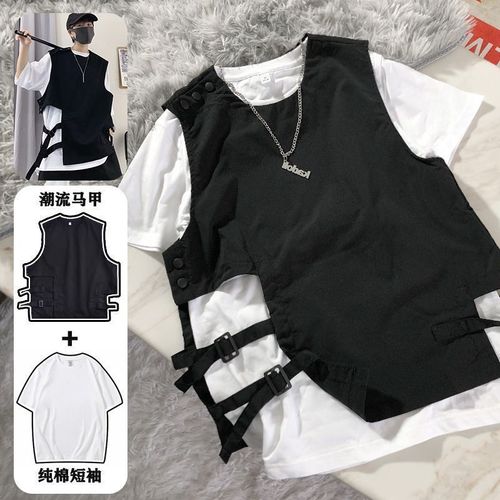 Eurasian high-street functional-style vest, layered male trendy personalized woven lapel jacket, cool punk workwear vest, male outerwear