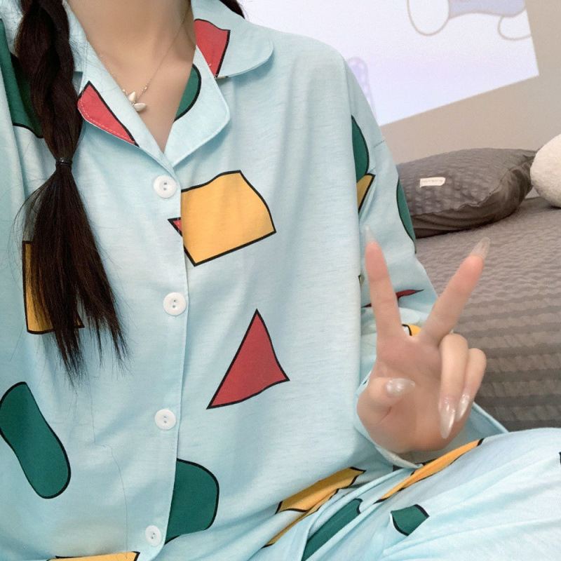 순면-라이트블루 기하학 Xiaoxin [남녀 동일 스타일] 긴팔 + 바지