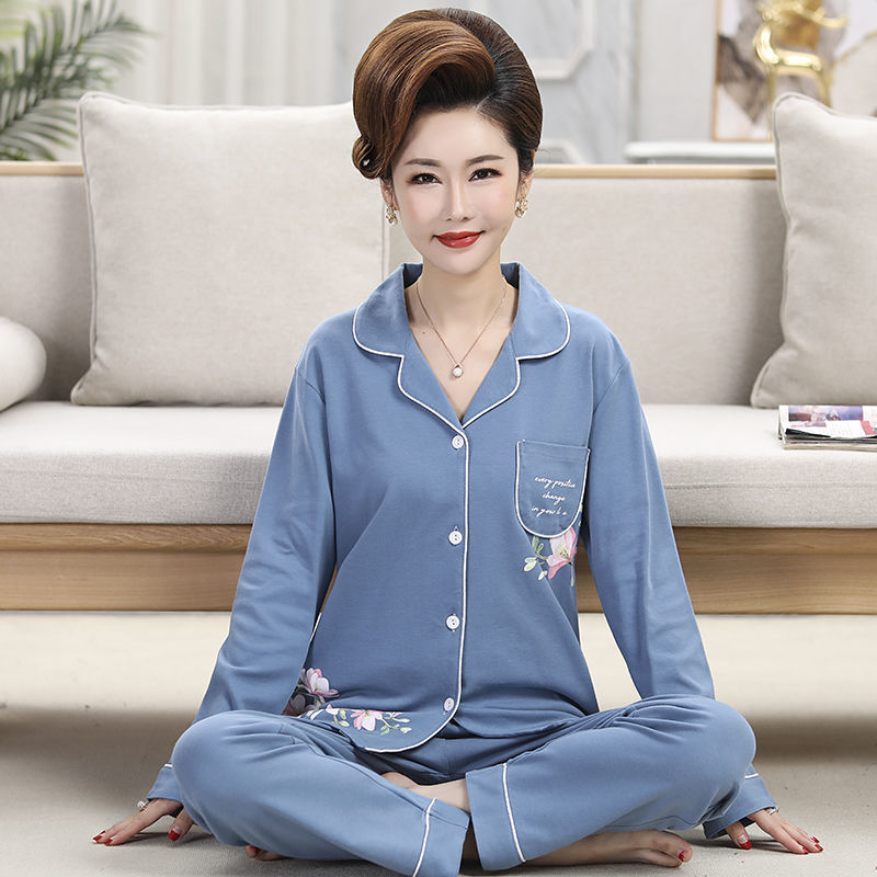 Pijamas de algodón para mujer Primavera y otoño Chaqueta de manga larga de talla grande para mamás de mediana edad traje de invierno de mediana edad y ancianos