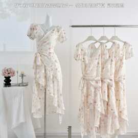 旖旎花境夏天法式浪漫一片式绑带印花连衣裙荷叶边气质长裙图片色