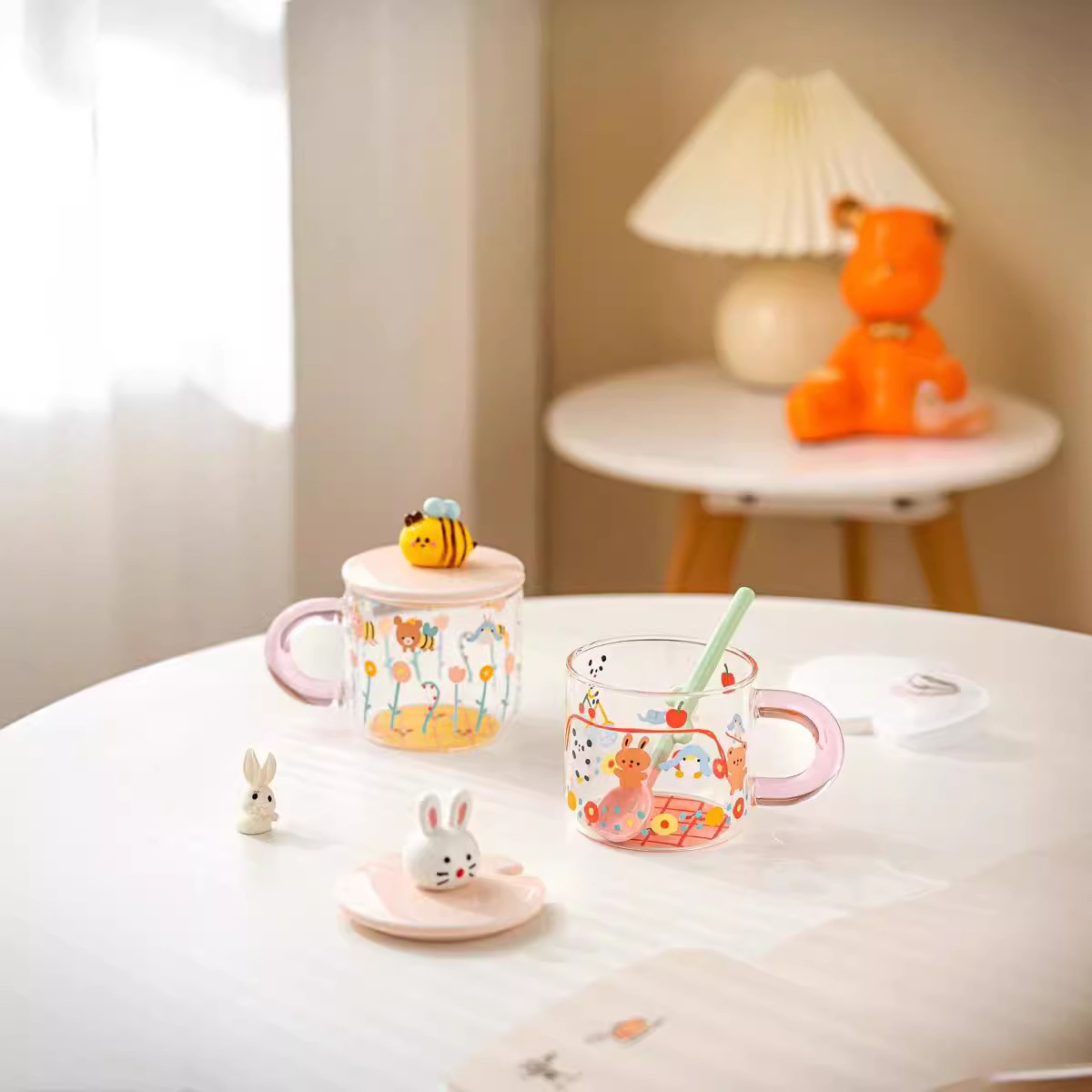 Creativo dibujos animados lindos animales tazas con cubierta de cucharas tazas de vidrio de alto valor de la personalidad regalos para beber tazas de agua para niñas
