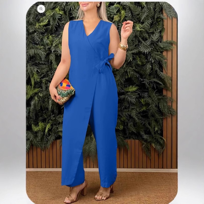 2025 New Cross-Border Amazon European and American Pure Color Women's Casual V Neck Cross Strap Jumpsuit Dress 2025 New Cross-Border Amazon European and American Pure Color Women's Casual V Neck Cross Strap Jumpsuit Dress