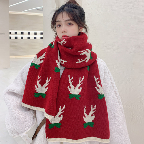 Christmas gift scarf for girlfriend red trendy retro imitation cashmere plus velvet thick long winter scarf shawl for women