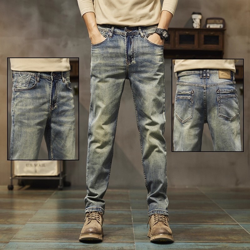 Spring and Autumn Trendy Brand Casual Jeans for Men, Loose Straight-Leg American Retro Style, Yellow Mud Dye Wash, Stretchy Spring and Autumn Long Pants
