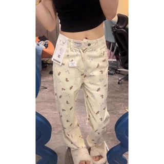 美式复古小熊印花直筒牛仔裤女2026春秋小众设计感宽松显瘦阔腿裤