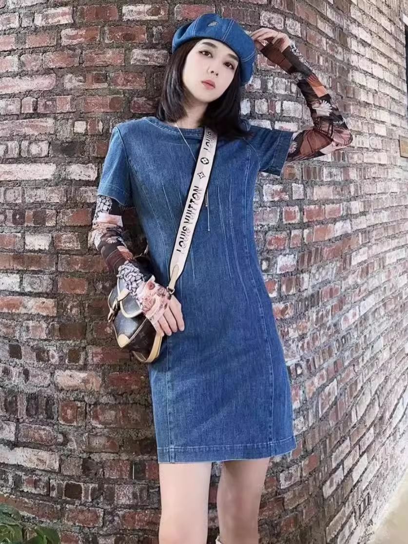 Váy liền denim tay ngắn cổ tròn ôm sát màu trơn — Màu xanh lam chi tiết 7
