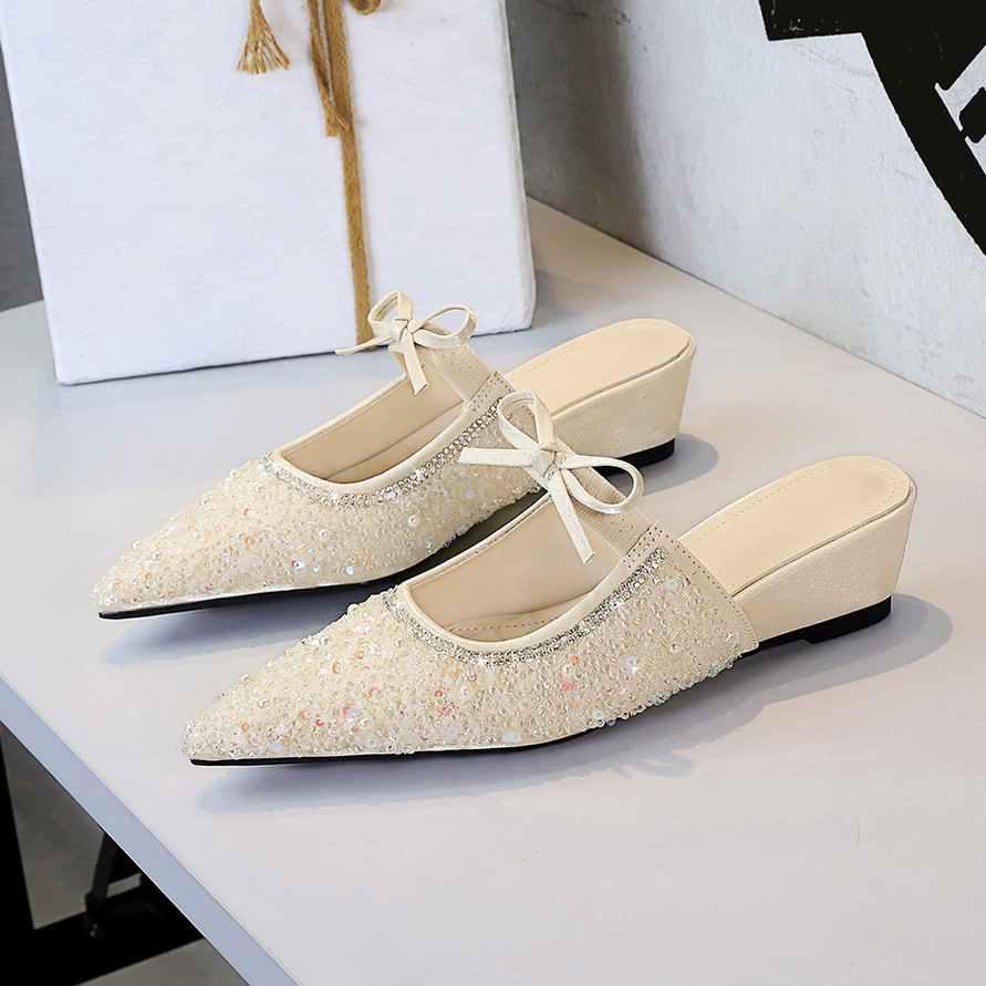 599-2 French Niche Pointed Rhinestone Closed Toe Mules With Bow Sequins Backless Women's Shoes Comfortable Versatile_voghion.com