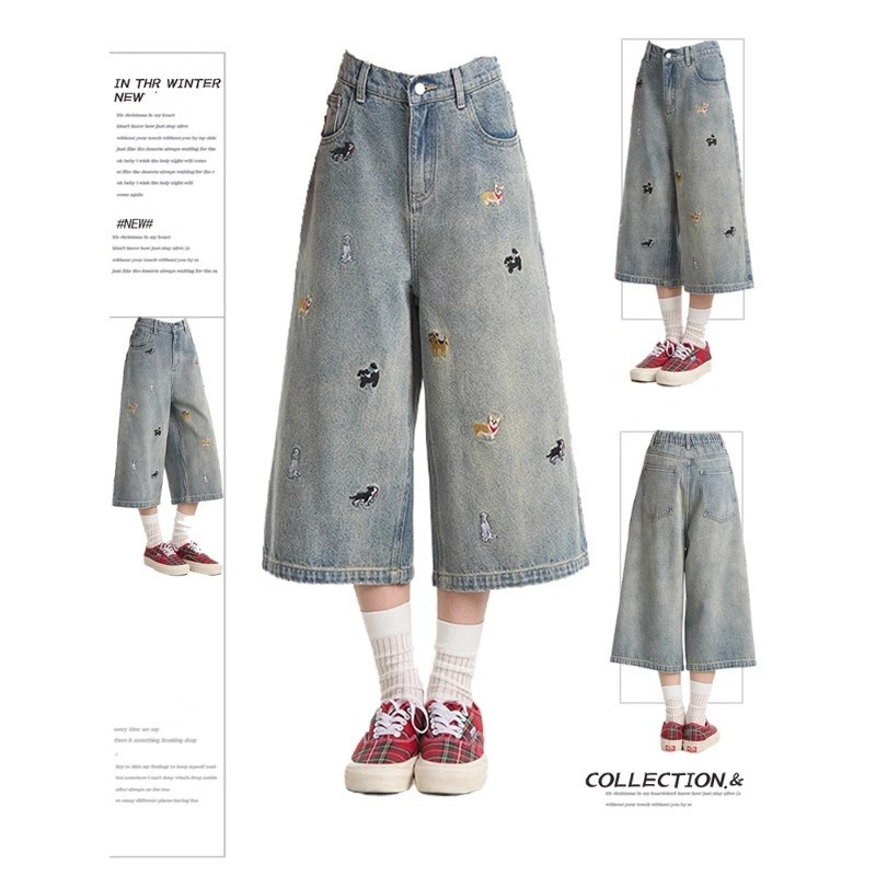 D5K小狗刺绣牛仔裤女夏季新款裤子大码胖mm短裤高腰显瘦阔腿七分