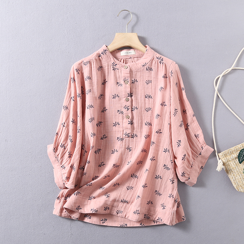 Original Design Cotton Short-sleeved Pullover Floral Double-layer Cotton Gauze Shirt Women's Loose Collar Printed Breathable Shirt Original Design Cotton Short-sleeved Pullover Floral Double-layer Cotton Gauze Shirt Women's Loose Collar Printed Breathable Shirt