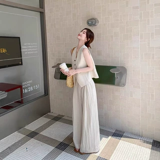 米白色老钱风高级感套装女夏季2025新款西装马甲阔腿裤初秋两件套