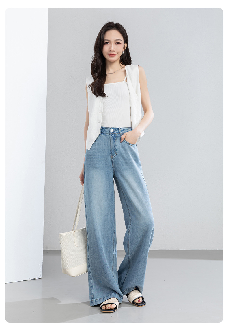 Quần jean nữ ống rộng cạp cao dáng suông vải Tencel mềm mại dài 103 cm — Màu xanh - Chiều dài quần thông thường khoảng 103cm chi tiết 22
