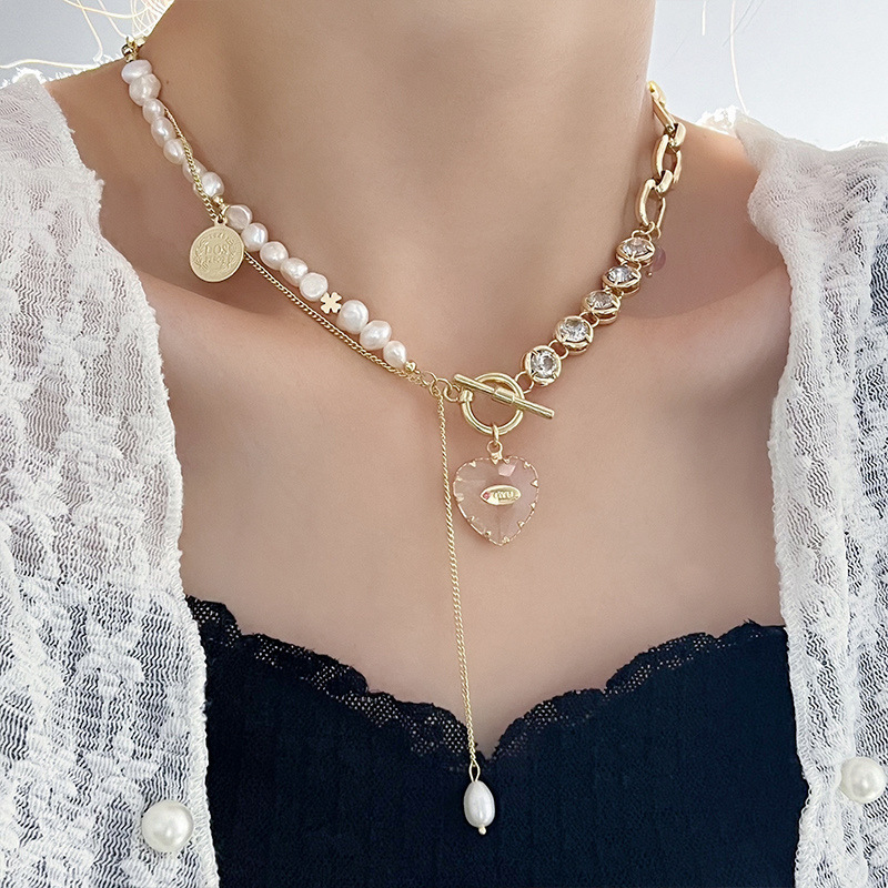 38g Weight 14K Gold Plated Plating Material Glass Pendant Material Necklace Classification Copper Chain Material 1 Piece Quantity Casual Occasion Freshwater Pearl Material Heart Shape Pattern Women's Gender Plating Design Fairy Style Style Fairy Style Heart Shape Freshwater Pearl Plating 14K Gold Plated Women's Necklace 1
