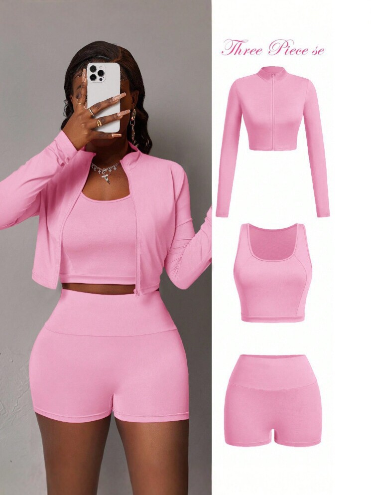 Rosa de manga larga con cremallera, pantalones cortos de cintura alta de tres piezas para mujeres, set de deportes casuales de estilo europeo y americano. image 1