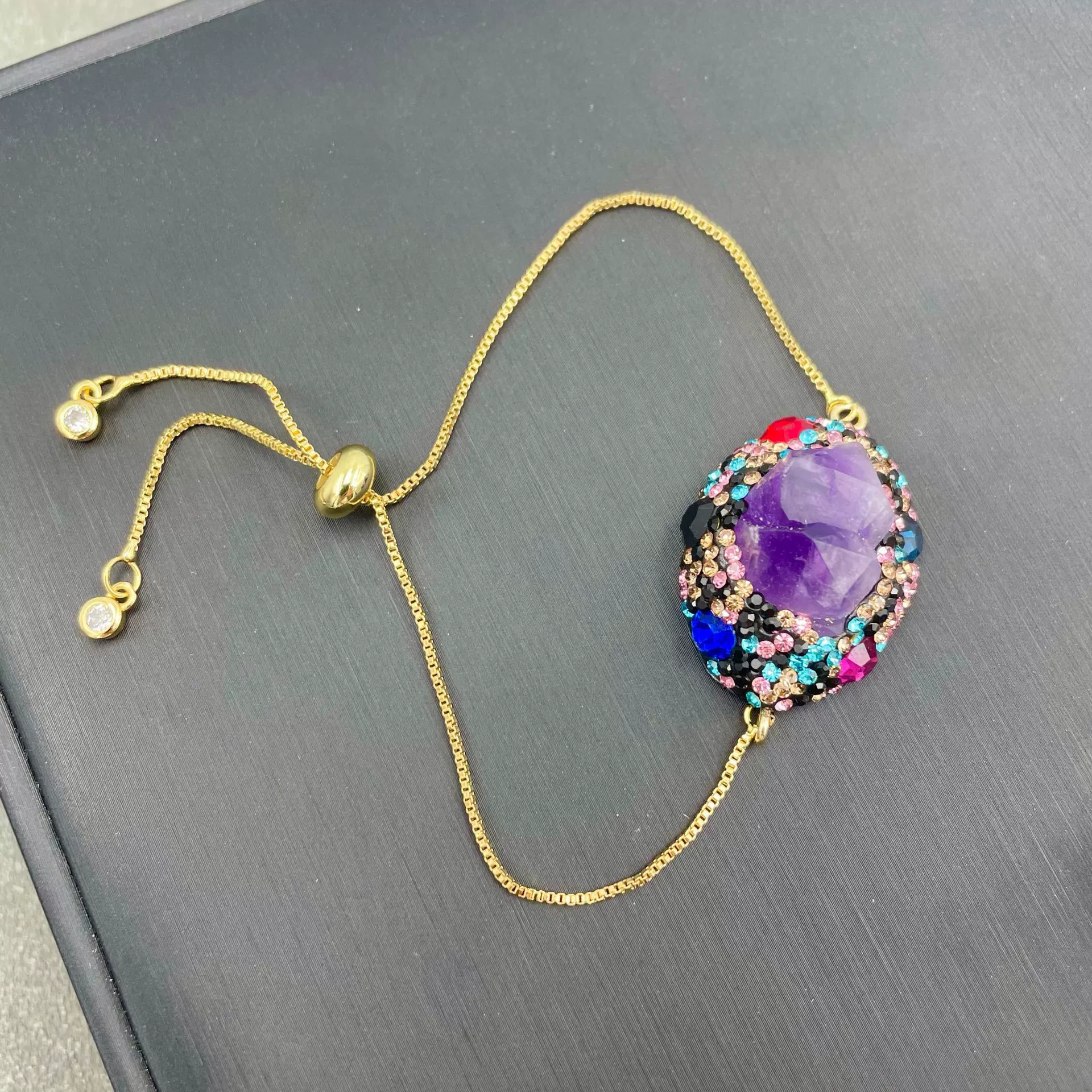 Organic retro set with amethyst, diamond, accessory, European style, wholesale