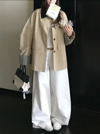 Skk Stoe 高智巴恩风 卡其色风衣撞色格纹拼接短款宽松外套女秋|undefined