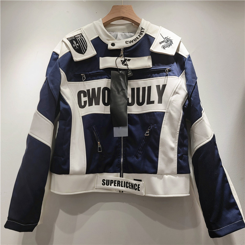 Cool and handsome callejera pesada nicho de diseño de bordado de contorno de color contrastante empalme de piel personalidad chaqueta de carreras para mujeres