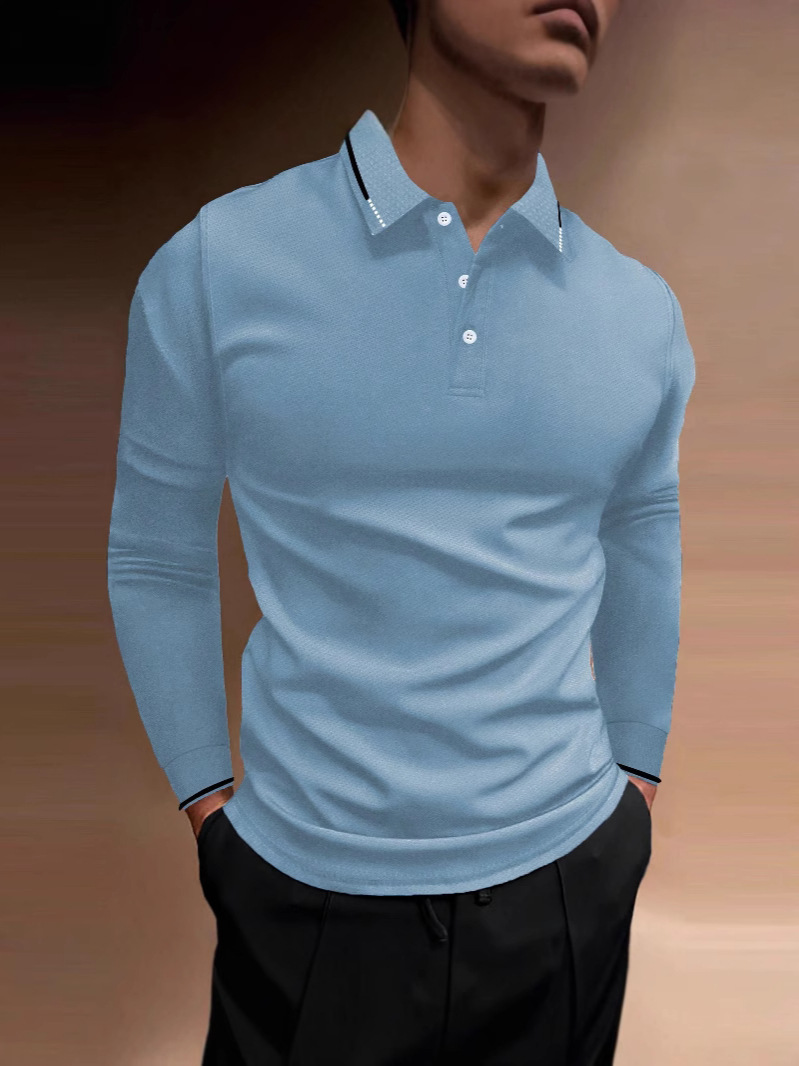 Camisa Polo para Hombre, Estilo Europeo y Americano, Comercio Exterior Transfronterizo, Otoño, Fitness, Deportiva, Casual, Cuello Alto, Manga Larga, Rayas Verticales