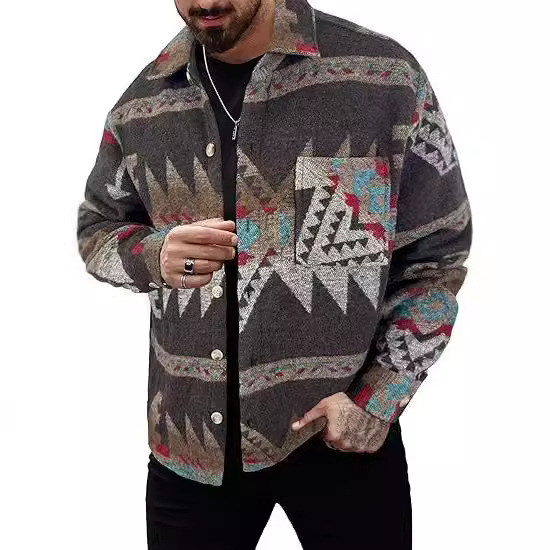 Giacca da uomo casual in cotone stampato con fibbia, manica lunga, colletto ribaltabile, stile western, jacquard, 2024_voghion.com