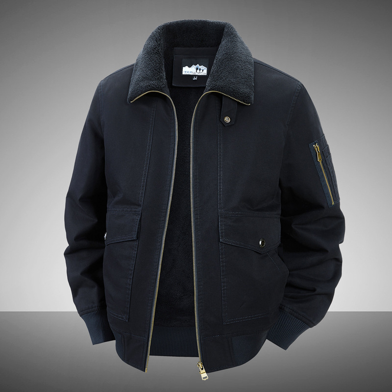 Cross-Border Autumn and Winter Middle-Aged Washed Jacket Men's Winter Clothing Fleece-Lined Thickened Lamb Wool Lapel Casual Warm Workwear Jacket