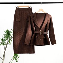 外国貿易中東女性の長袖ニットジャケットハイウエストヒップミッドレングススカートツーピース気質通勤スカートスーツ