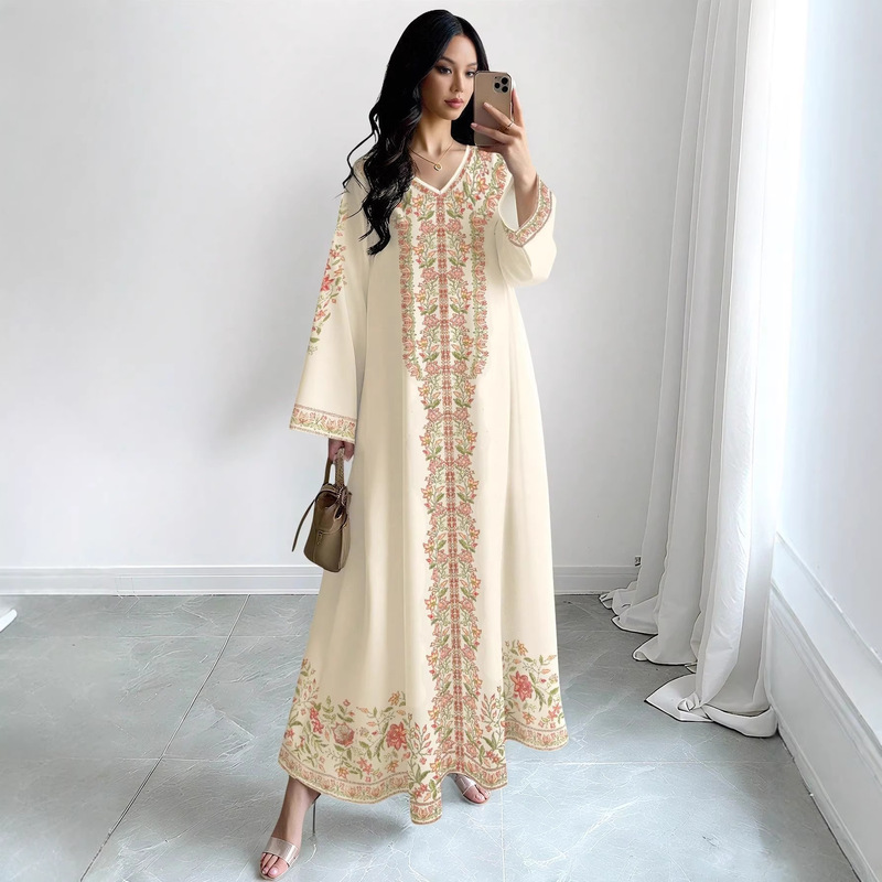 2026 Spring and Autumn Women's Floral Print Fashion Casual Loose Flared V-Neck Long Dress Wholesale 2026 Spring and Autumn Women's Floral Print Fashion Casual Loose Flared V-Neck Long Dress Wholesale