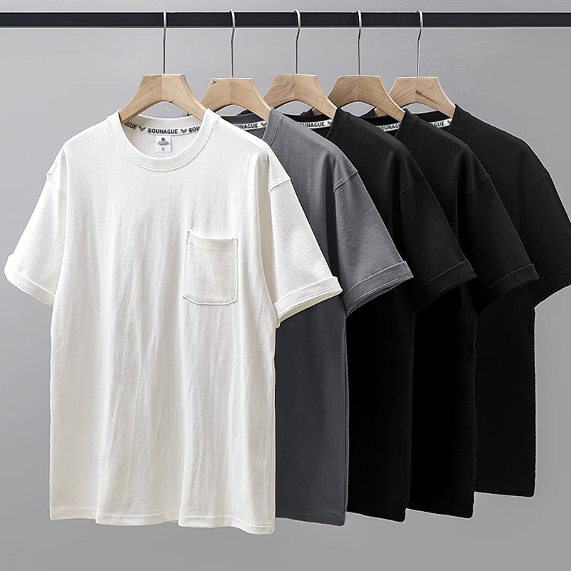 日系220G重ポンドポケットtシャツ男性夏レトロ純綿半袖カーディガン丸襟ゆるい純色半袖|undefined