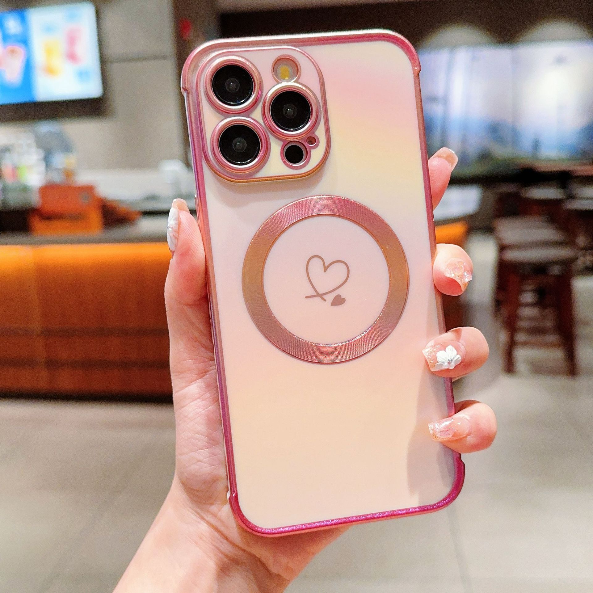 Aplicable a Apple 17 ProMax Silk Pattern Brilliant Color Magnetic Plated Side Dual Love iPhone16 Case