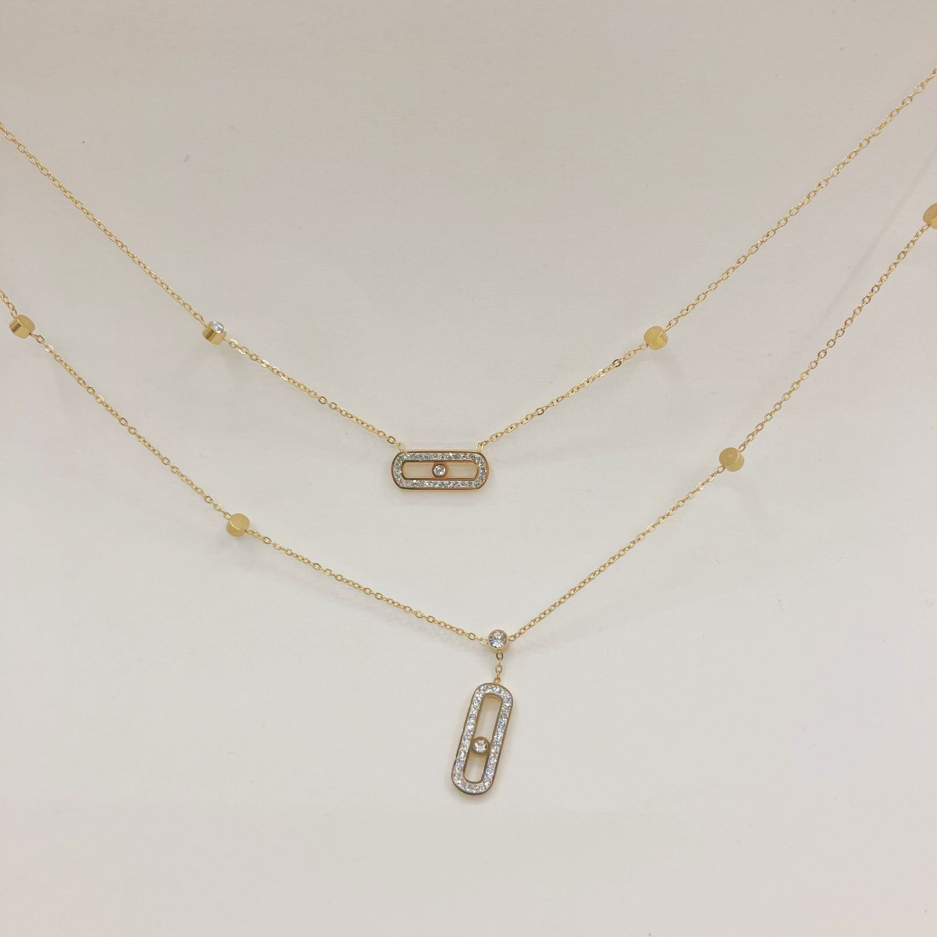 Fashion Paper Clip Stainless Steel Plating Zircon Layered Necklaces