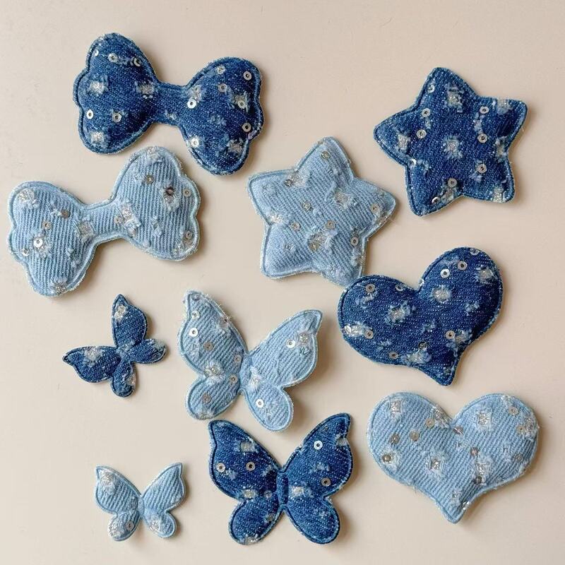 Sweet cool Denim embossed fabric five-pointed star love butterfly jewelry accessories hair accessories hole shoes diy clothing material