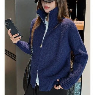 工厂美式双拉链毛衣开衫女秋冬宽松休闲外穿高级感长袖高领外套