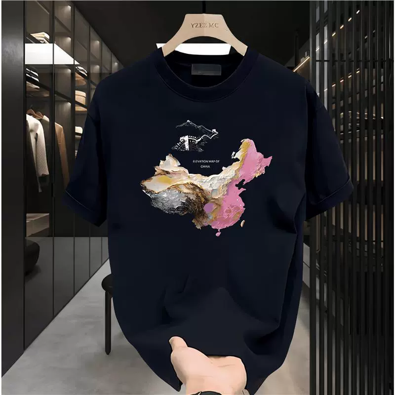 Модная мужская футболка с короткими рукавами в уличном стиле с тяжелым принтом, летний модный бренд высокого класса, свободный топ с половиной рукавов и круглым вырезом.