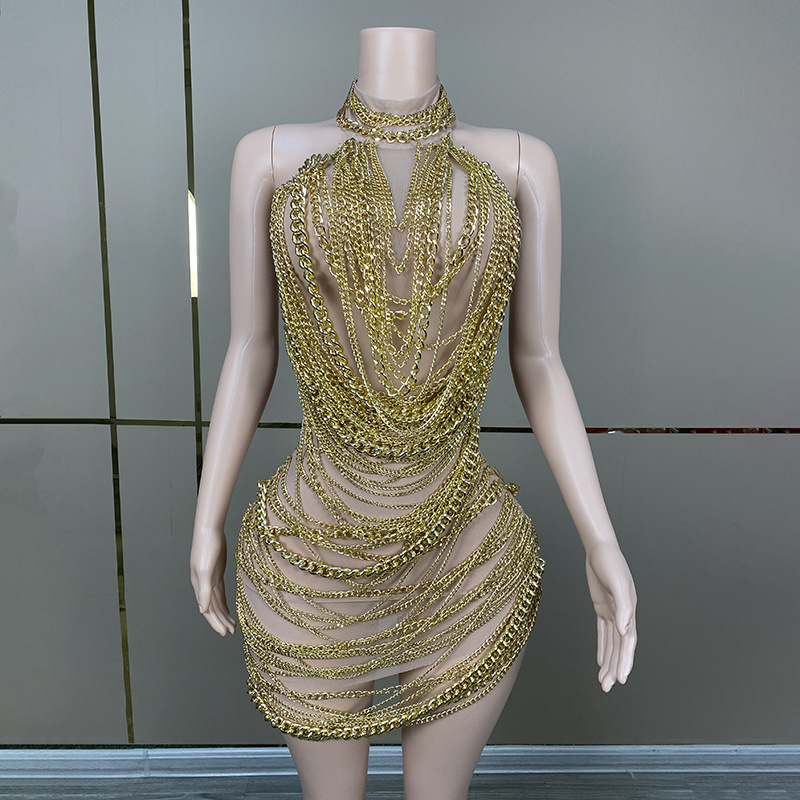 Golden Chain Skirt European and American Sexy Singer Miniskirt Evening Dress Performance Birthday Clothing