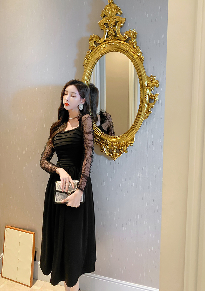 Váy đen ngắn kiểu Hepburn phối lưới tay bồng cổ vuông eo xếp ly — Màu đen chi tiết 13