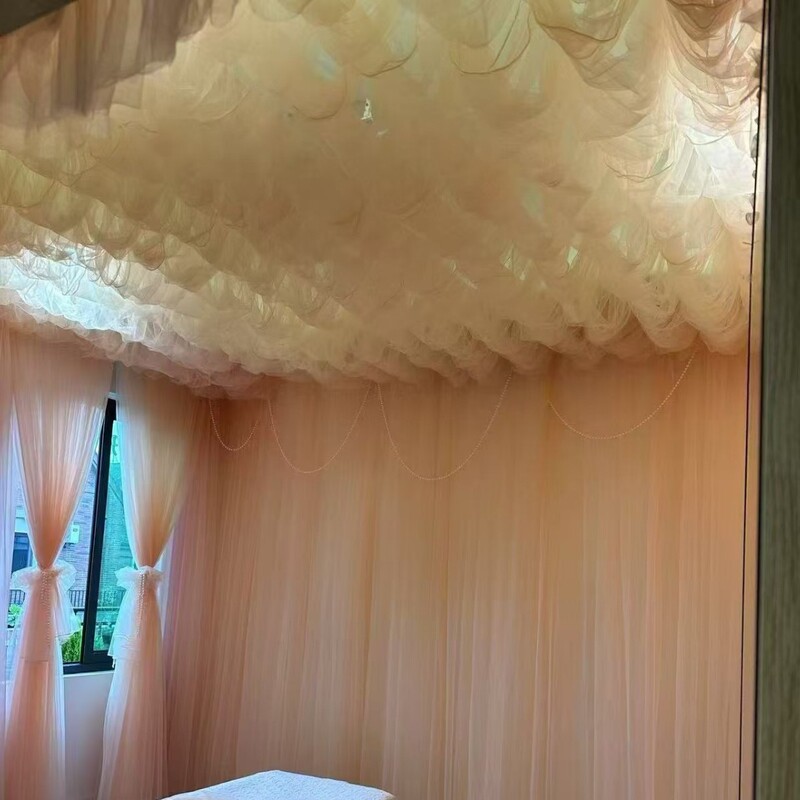 Pink Ceiling Drapes Decorate the Beauty Salon, Creating a Private and Healing Atmosphere in the Room