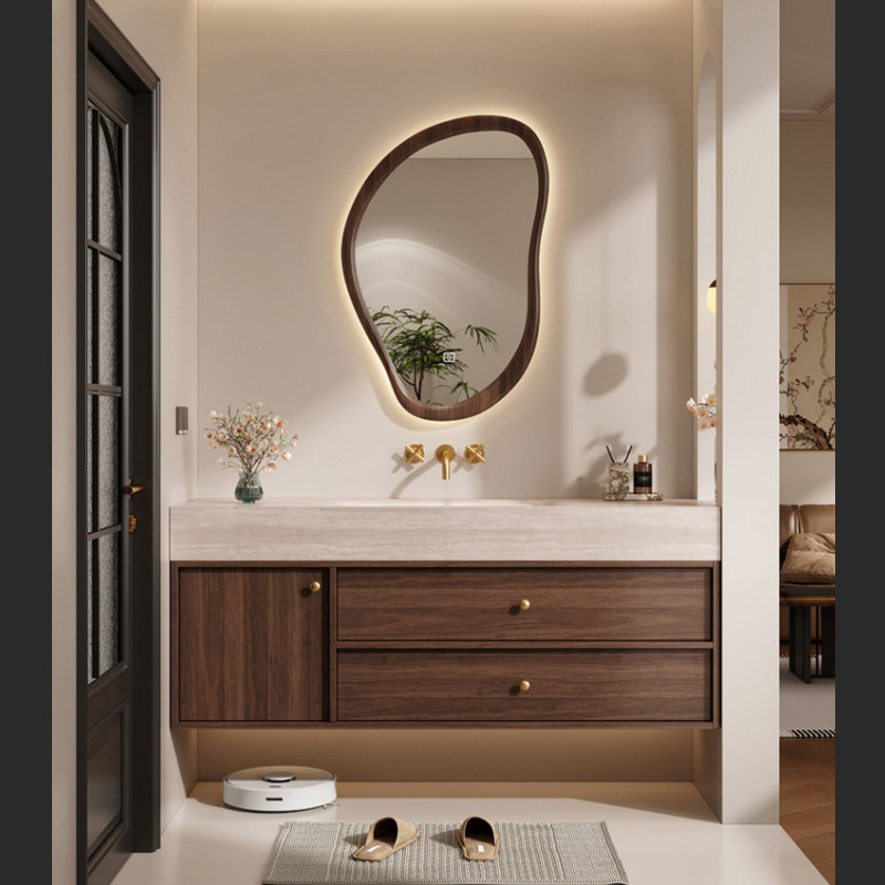 Medieval-Style Irregular-Shaped Mirror Bathroom Cabinet Set with Integrated Hot-Bent Rock Slab Basin, Bathroom Sink, Washbasin, Washstand