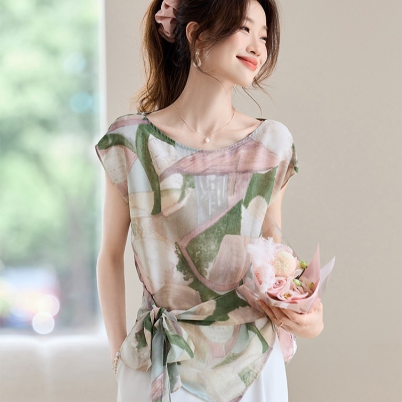 圆领印花飞飞短袖t恤女夏季2025新款薄款雪纺上衣设计感系带小衫|undefined