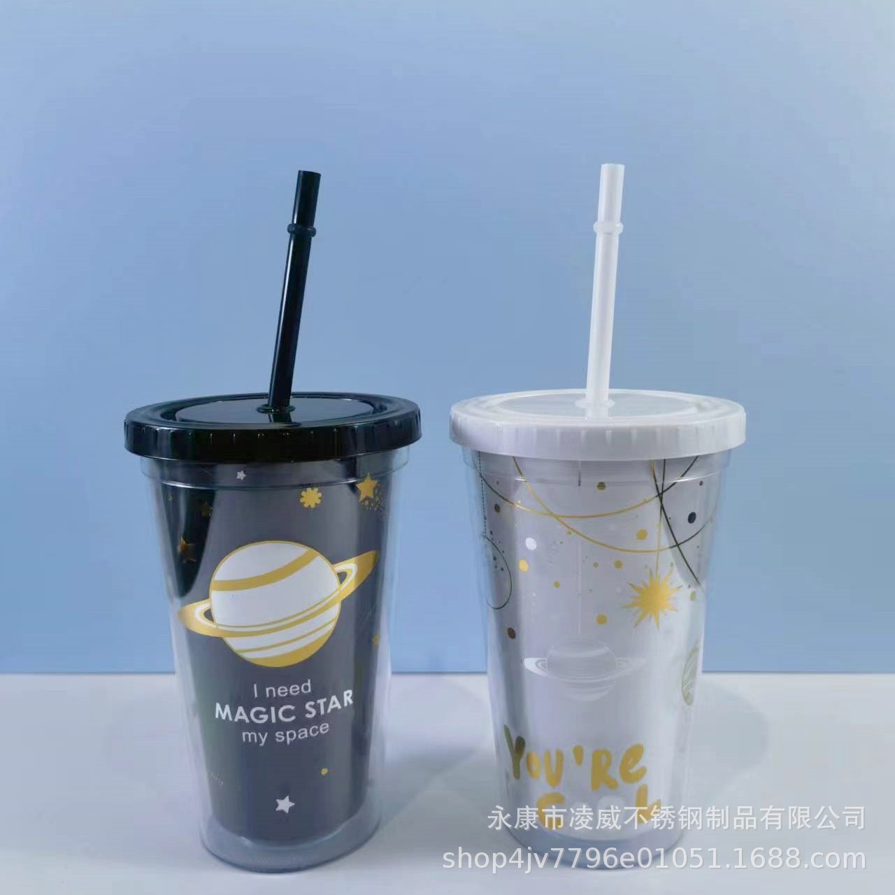 Taza de paja de plástico corazón femenino lindo taza de paja simple 450ml taza de bebida nueva historieta astronauta mujer S taza de agua