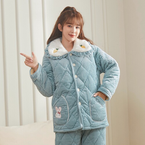 Flannel parent-child pajamas for women and children, three-layer thickened quilted warm home clothes set, mother and daughter clothing