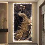 孔雀入户玄关装饰画竖版高级感走廊背景墙挂画客厅大尺寸灯光壁画